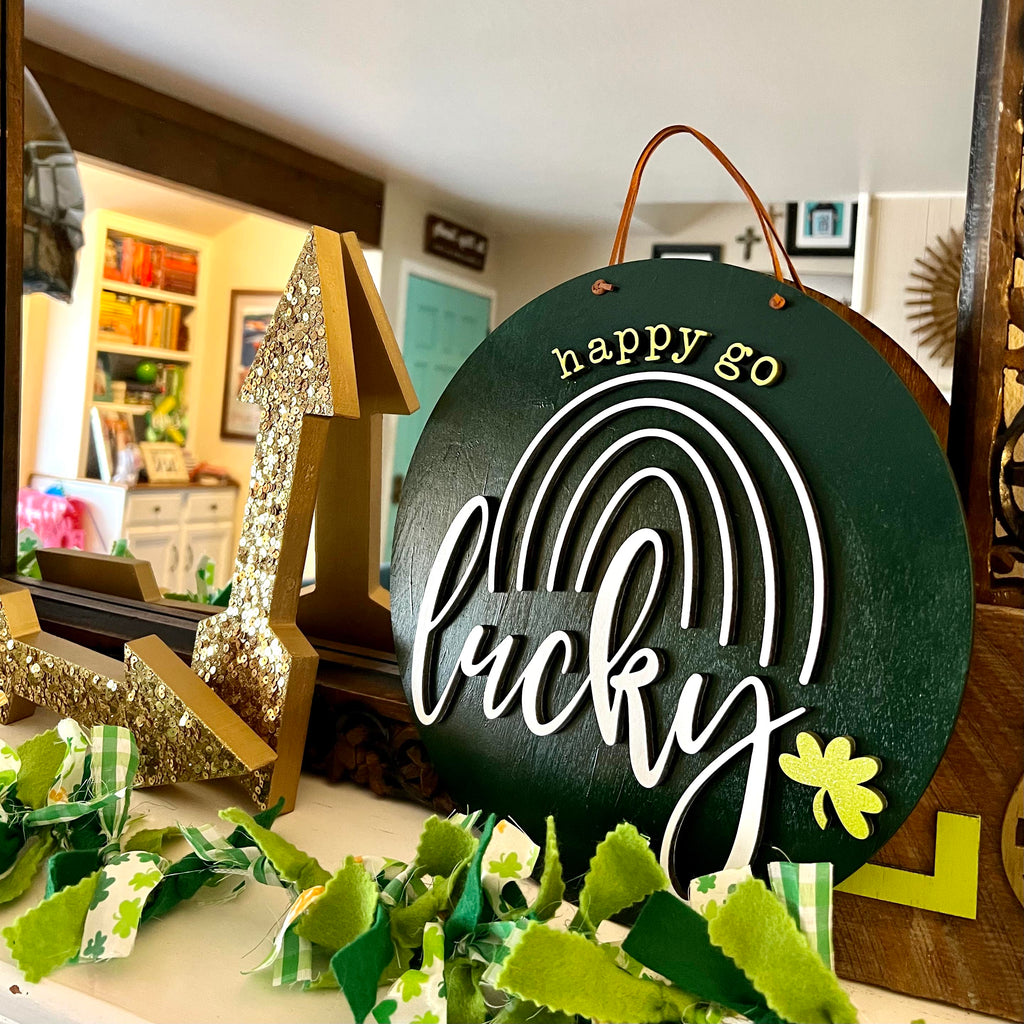 Happy Go Lucky Sign with Rainbow - 3D Painted St. Patrick's Day Decor