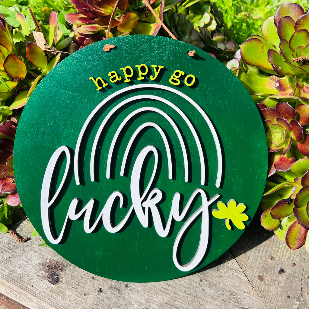 Happy Go Lucky Sign with Rainbow - 3D Painted St. Patrick's Day Decor