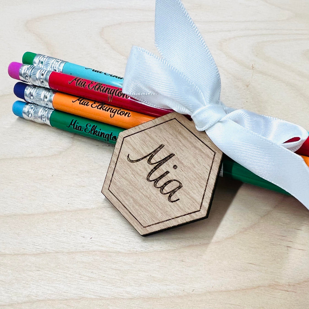 Set of 8 Personalized Pencils with engraved wood tag